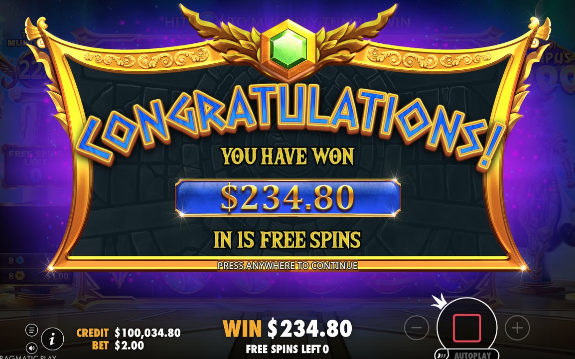 Win screen after a tumble sequence and its multiplier total